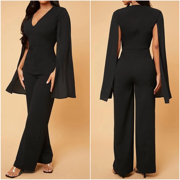 Black Plunging Neck Cape Sleeve Jumpsuit - Picture 3 of 4